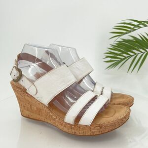 Born Women's Sandal Size 10 Cork Wedge Platfrom White Leather Ankle Strap
